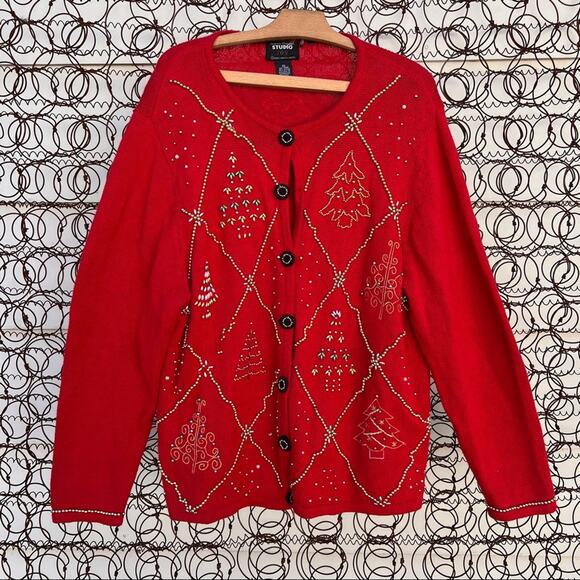 Vintage 90s Studio Joy red button down Ugly Christmas cardigan beaded trees - Picture 1 of 6